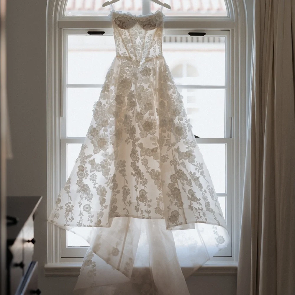 Strapless Floral Lace A-Line Wedding Dress in Ivory - Picture 2 of 7